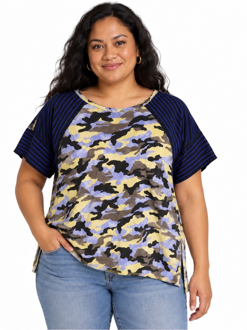 Umgee USA Camo & Stripe Short Sleeve Top – Women’s Medium